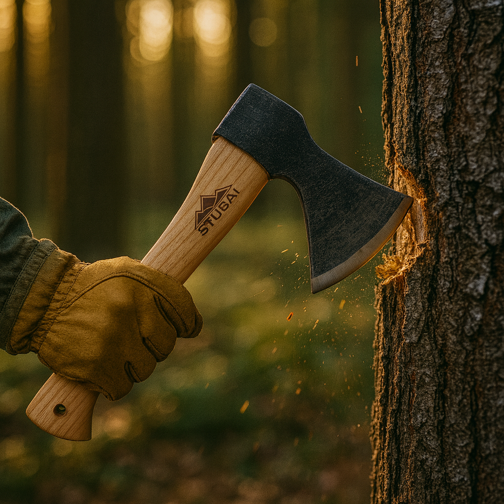 STUBAI Campingbeil „Habicht“ 1.100 g – Handgeschmiedet aus Kohlenstoffstahl, 340 mm, geölter Hickorystiel, Lederscheide – Outdoor, Bushcraft, Survival