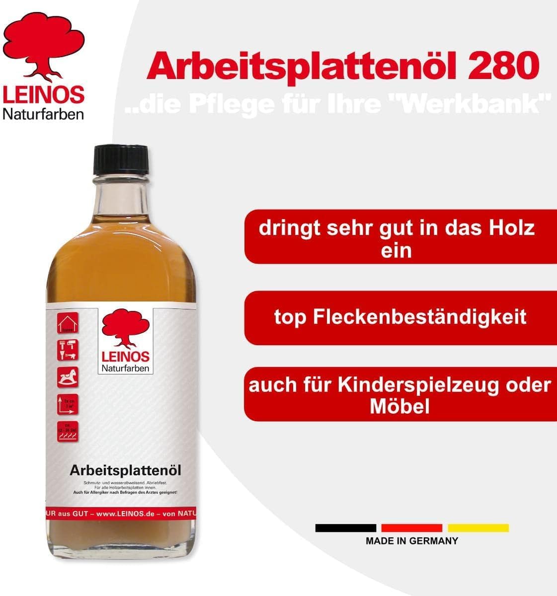 LEINOS 280 Arbeitsplattenöl für Innen 0,75 l | Imprägnierung von Küchenarbeitsplatten, Möbeloberflächen und Kinderspielzeug aus Holz. | speziell Küchenbereich