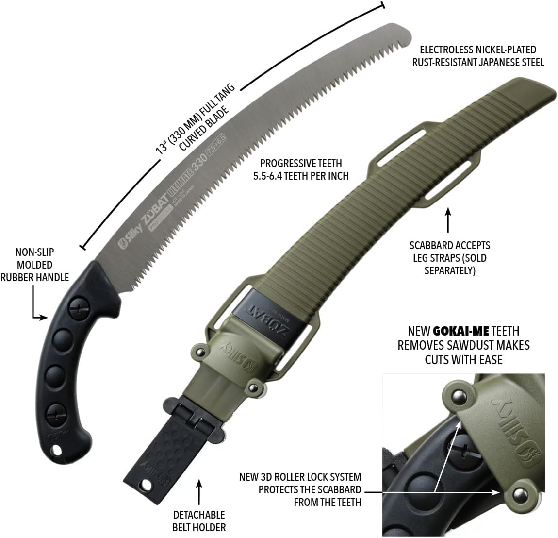 Silky Handsäge Zübat Ultimate Professional 330mm 7,5-6,5 Zähne/30mm gebogen | neuer Gokai-Me-Verzahnung | Abmessungen: 510 x 130 x 45 mm |