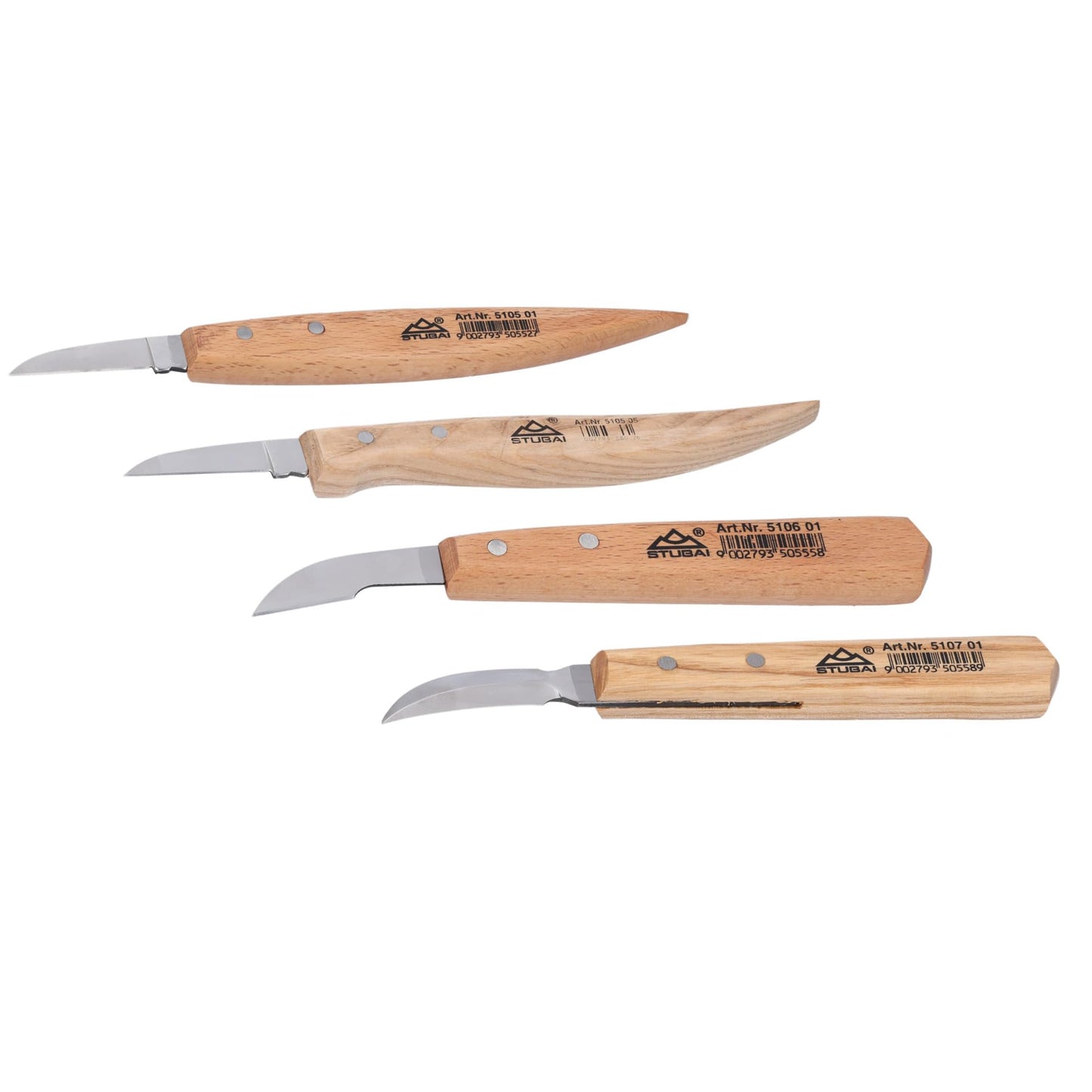 STUBAI Kerbschnitzmesser Satz 8-tlg. | mit vorgeschliffenen Messern (gerade, schräg, gebogen, zweischneidig) | Holzgriffe, Rolltasche | Profi Schnitzwerkzeug für Figuren, Reliefs & feine Holzarbeiten