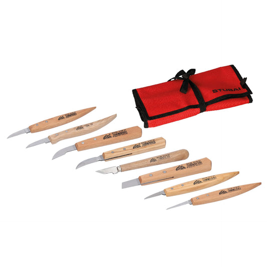 STUBAI Kerbschnitzmesser Satz 8-tlg. | mit vorgeschliffenen Messern (gerade, schräg, gebogen, zweischneidig) | Holzgriffe, Rolltasche | Profi Schnitzwerkzeug für Figuren, Reliefs & feine Holzarbeiten