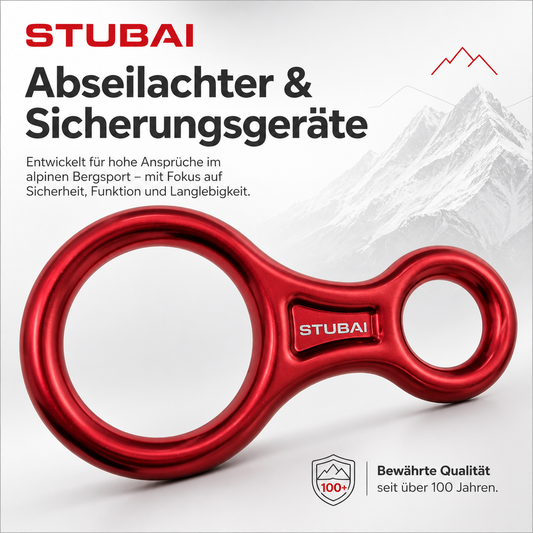 STUBAI Abseilachter groß – Sicherungsgerät aus Aluminium (109 g, 30 kN) – für Klettern, Bergsteigen, Canyoning, Höhenarbeit & Rettung – EN 15151-2 zertifiziert – rot eloxier