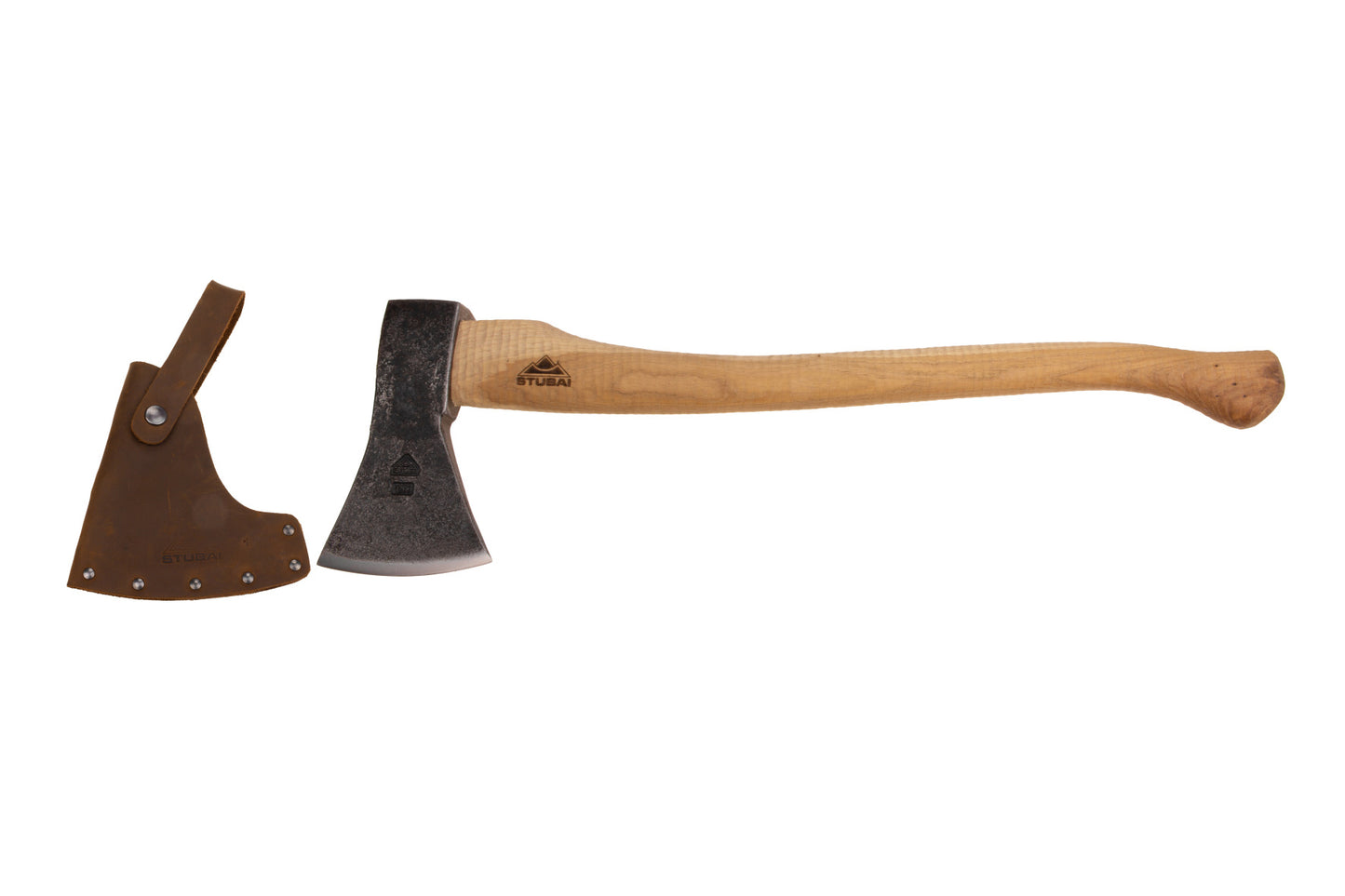 STUBAI Campingaxt „Zuckerhütl“ 1.650 g – Handgeschmiedet aus Kohlenstoffstahl, 650 mm Länge, geölter Hickorystiel, inkl. Lederscheide – Für Outdoor, Bushcraft, Survival, Trekking, Waldarbeiten