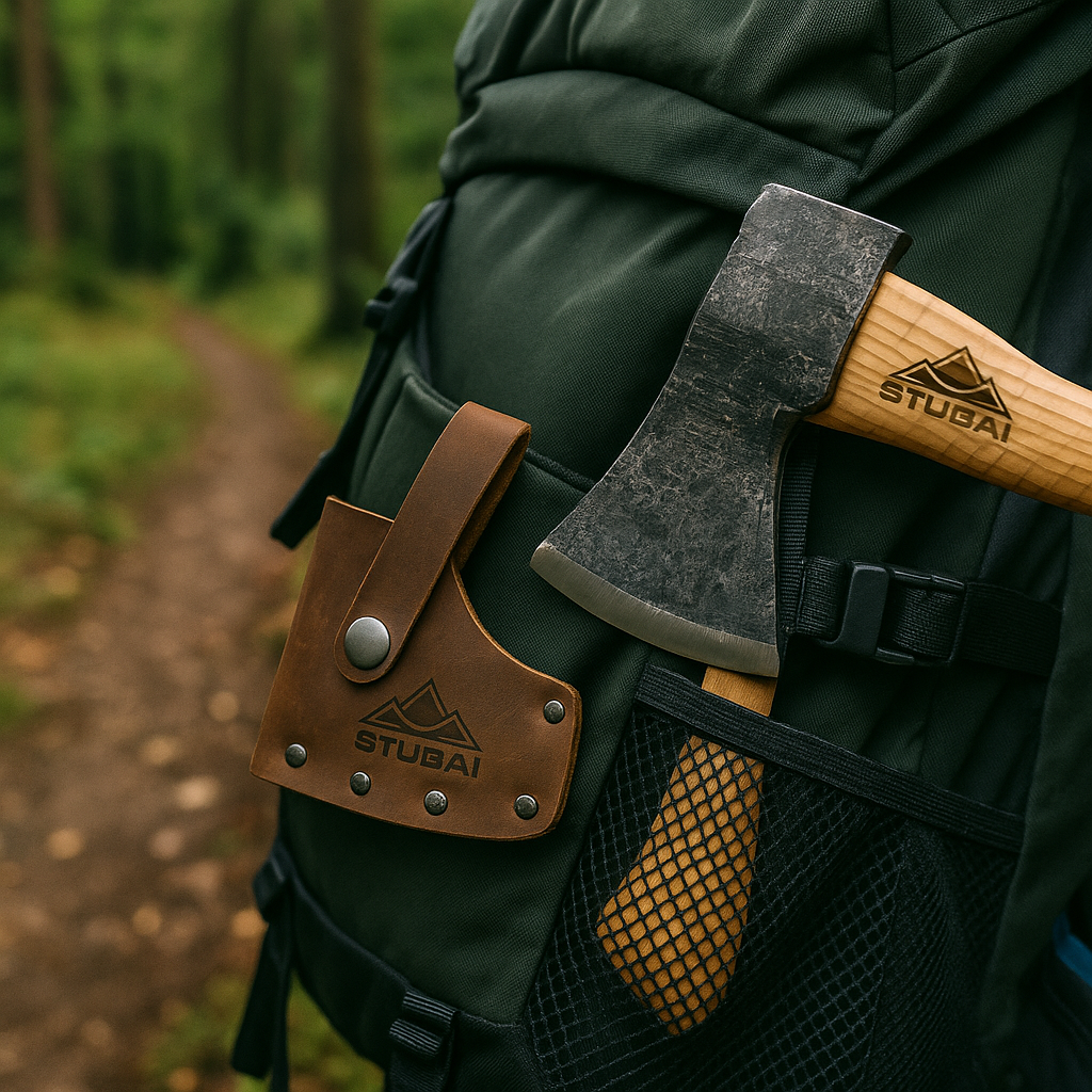 STUBAI Campingbeil „Habicht“ 1.100 g – Handgeschmiedet aus Kohlenstoffstahl, 340 mm, geölter Hickorystiel, Lederscheide – Outdoor, Bushcraft, Survival
