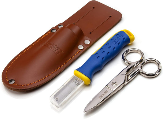 ESTWING Kombi-Set aus Kabelschneid-Schere mit gezahnter Klinge und Kabelschneide-Messer mit Schaffußklinge, inklusive Ledergürtelscheide: