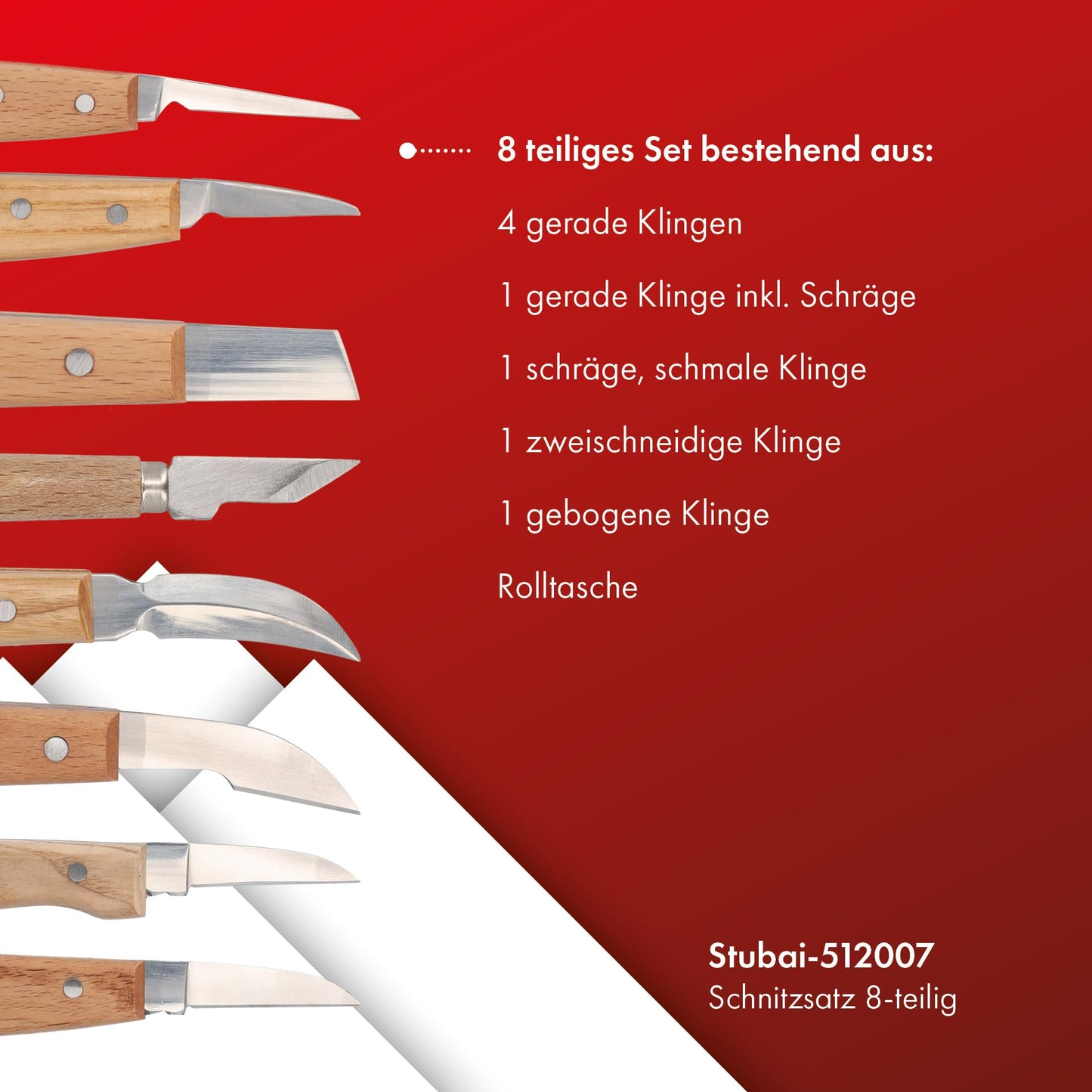 STUBAI Kerbschnitzmesser Satz 8-tlg. | mit vorgeschliffenen Messern (gerade, schräg, gebogen, zweischneidig) | Holzgriffe, Rolltasche | Profi Schnitzwerkzeug für Figuren, Reliefs & feine Holzarbeiten