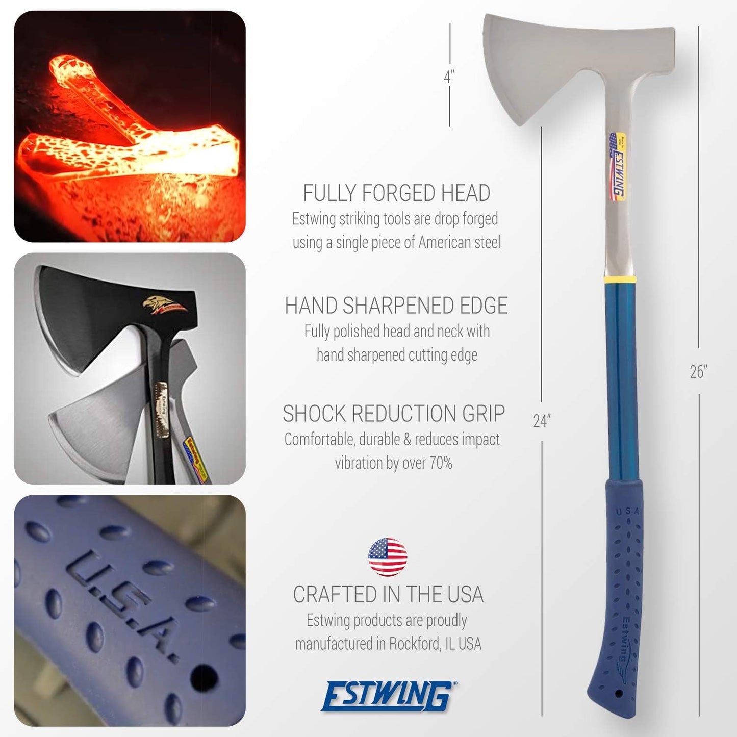 ESTWING Lange Axt mit blauen Vinylgriff, 100mm | Gewicht 1730g | mit Nylon Schutzhülle | Campers Stahl Axe mit Metall-Griff und Nylon Vinyl Shock Reduction Grip