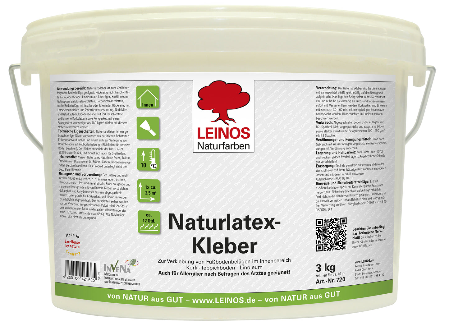 LEINOS Naturlatexkleber 3,00 kg – lösungsmittelfreier Kontaktkleber auf Naturkautschukbasis – für Teppiche, Kork, Leder, Filz, Linoleum & Papier – ideal für ökologische Anwendungen