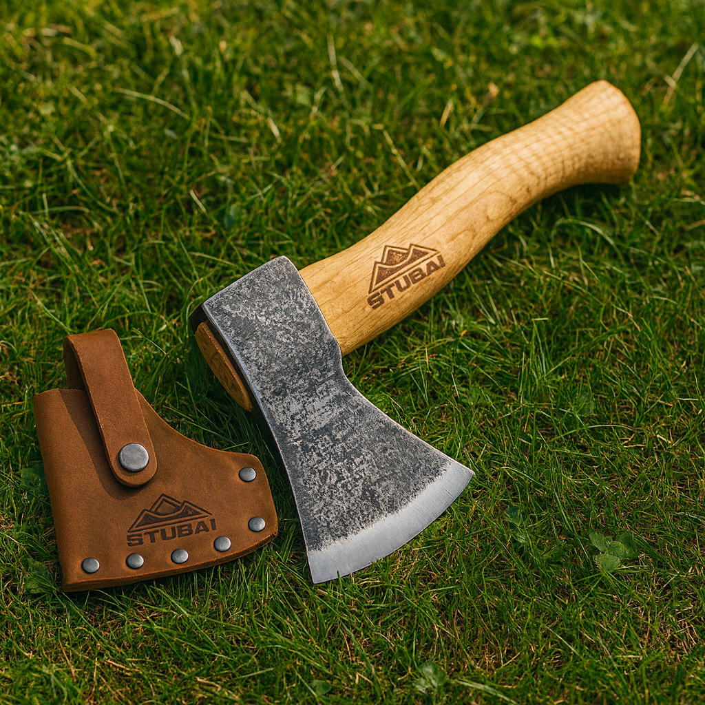 STUBAI Campingbeil „Habicht“ 1.100 g – Handgeschmiedet aus Kohlenstoffstahl, 340 mm, geölter Hickorystiel, Lederscheide – Outdoor, Bushcraft, Survival