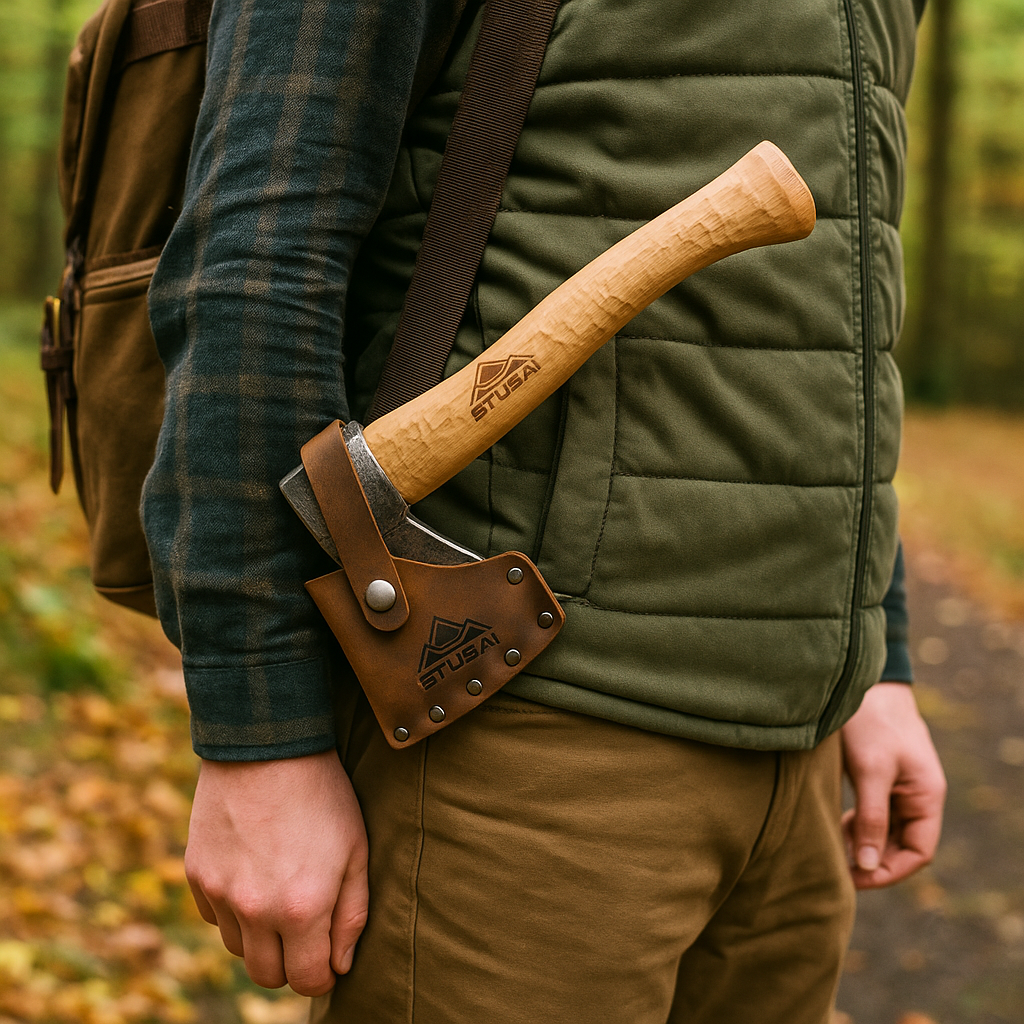 STUBAI Campingbeil „Habicht“ 1.100 g – Handgeschmiedet aus Kohlenstoffstahl, 340 mm, geölter Hickorystiel, Lederscheide – Outdoor, Bushcraft, Survival