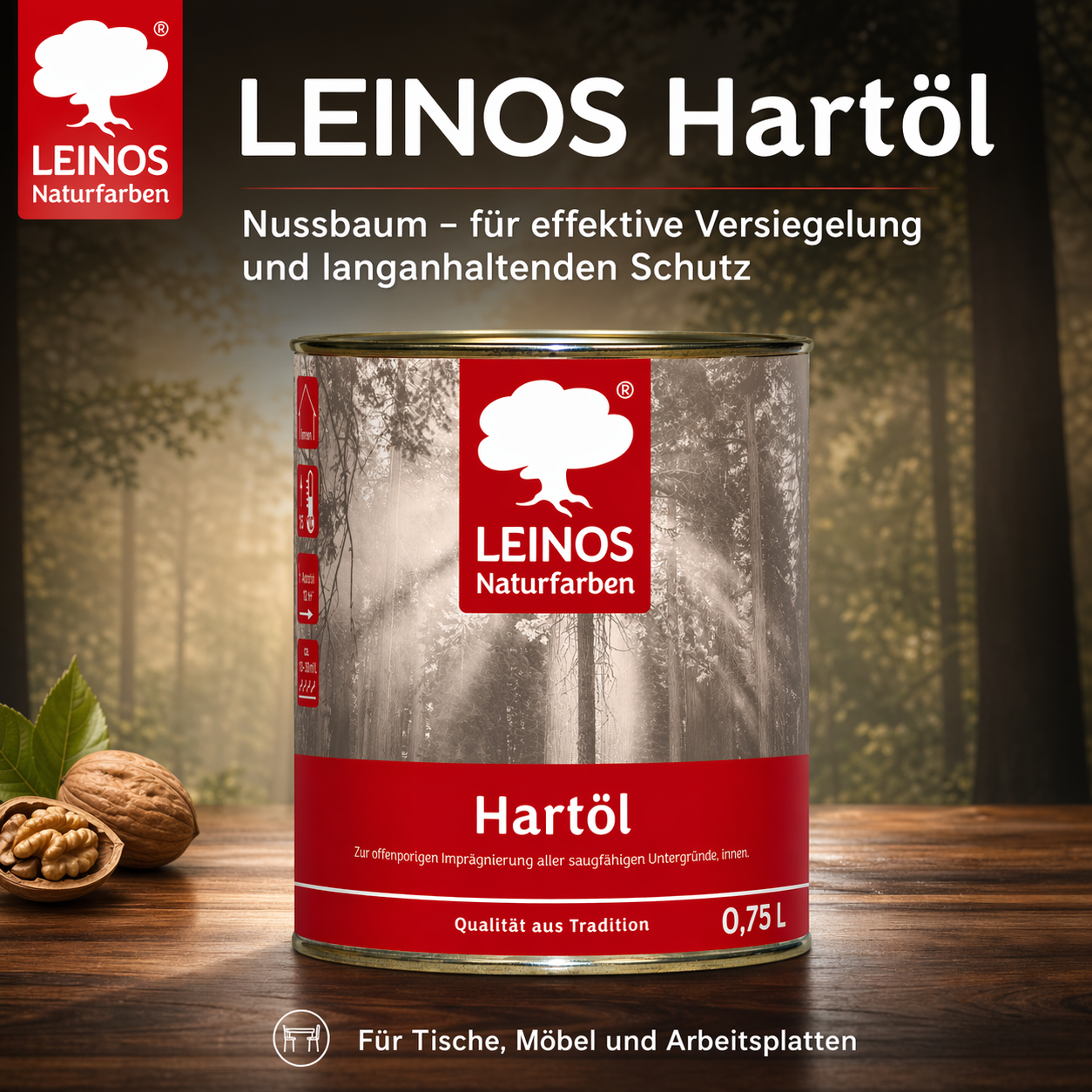 LEINOS Holzöl 750 ml | Hartöl Nussbaum für Tische Möbel Arbeitsplatten | Teak Eiche Möbelöl für effektive Versiegelung und langanhaltenden Schutz im Innenbereich