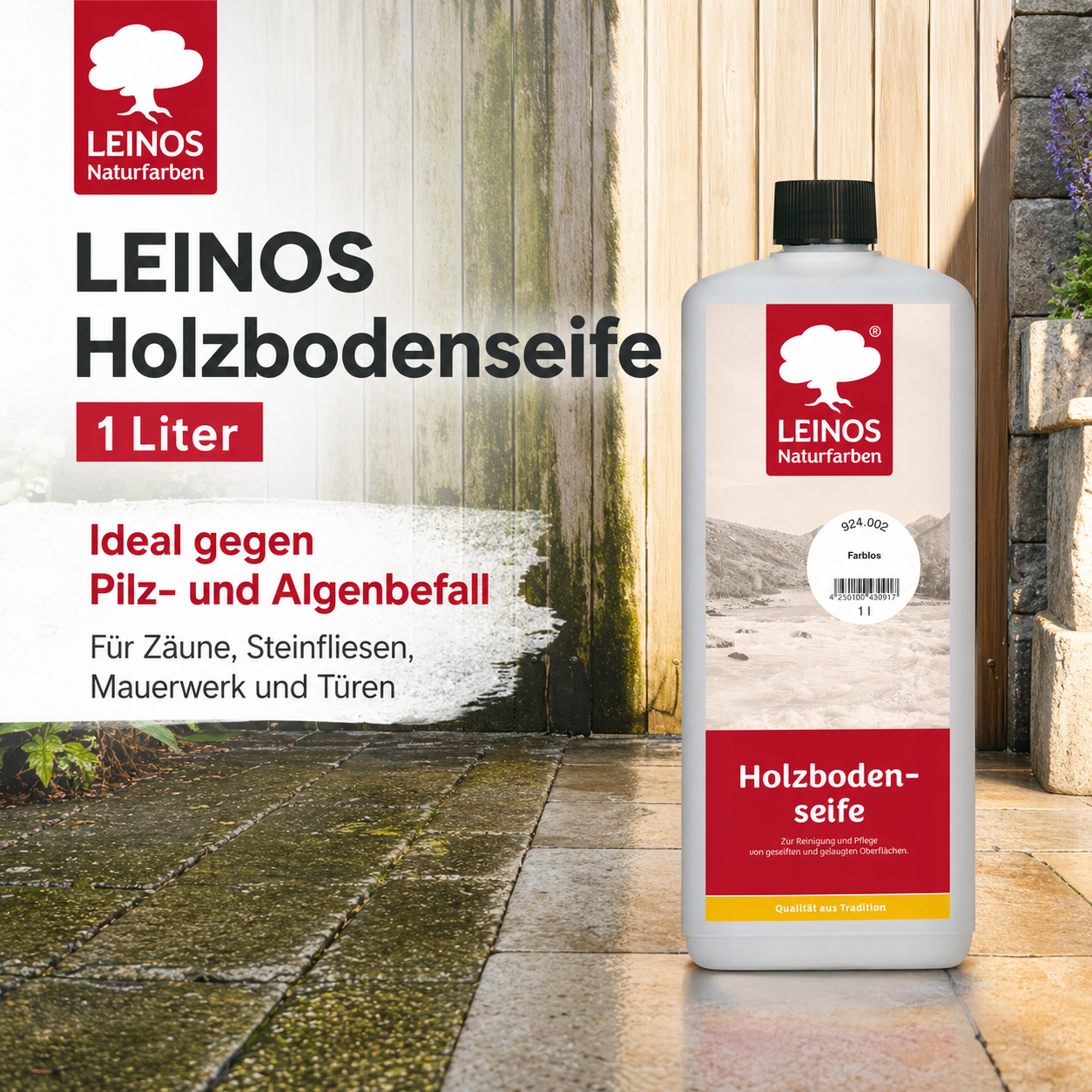 LEINOS Holzbodenseife 924 farblos 1,0 l – hochkonzentrierter Reiniger & Pflege für geseifte/gelaugte Böden innen & außen | rückfettend, ergiebig 1:20–1:40 | pflanzliche Rohstoffe