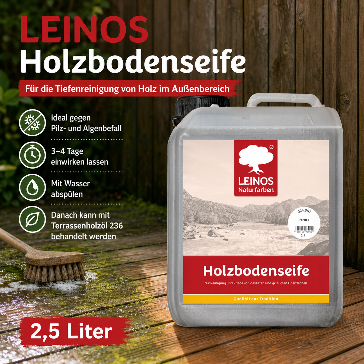 LEINOS Holzbodenseife 924 farblos 2,5 Liter – Erstbehandlung & Unterhaltsreinigung für gelaugte/geseifte Weichholzböden | rückfettend, hochkonzentriert | für Innenflächen