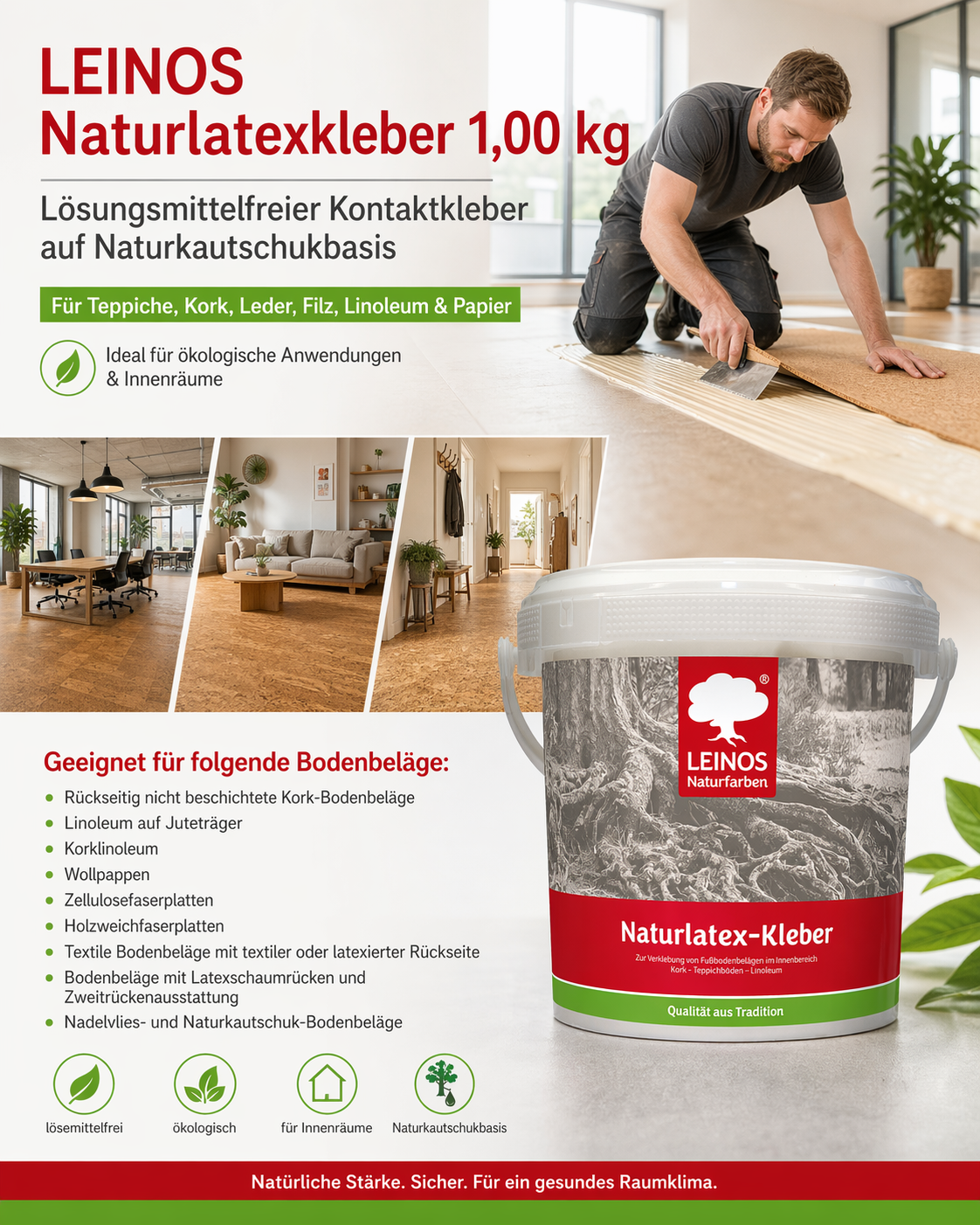 LEINOS Naturlatexkleber 1,00 kg – lösungsmittelfreier Kontaktkleber auf Naturkautschukbasis – für Teppiche, Kork, Leder, Filz, Linoleum & Papier – ideal für ökologische Anwendungen