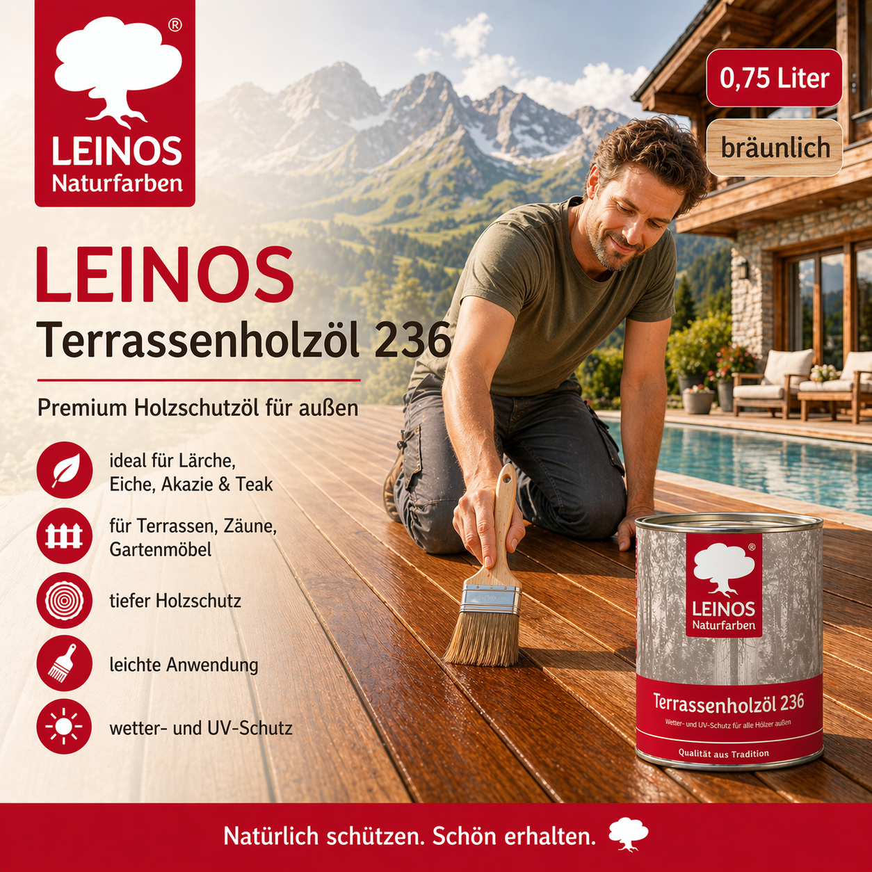 Leinos Terrassenholzöl 0,75l – bräunlich Premium Holzschutzöl für außen, ideal für Lärche, Eiche, Akazie & Teak – Teaköl & Lärchenöl für Terrassen, Zäune, Gartenmöbel, Kinderspielgeräte & mehr