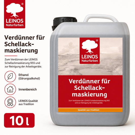LEINOS 956 Verdünner für Schellackmaskierung 10,0 l – Ethanol zur Verdünnung von Schellack-Maskierung, zur Reinigung von Werkzeugen und Geräten, für professionelle Anwendungen im Innenbereich genutzt.