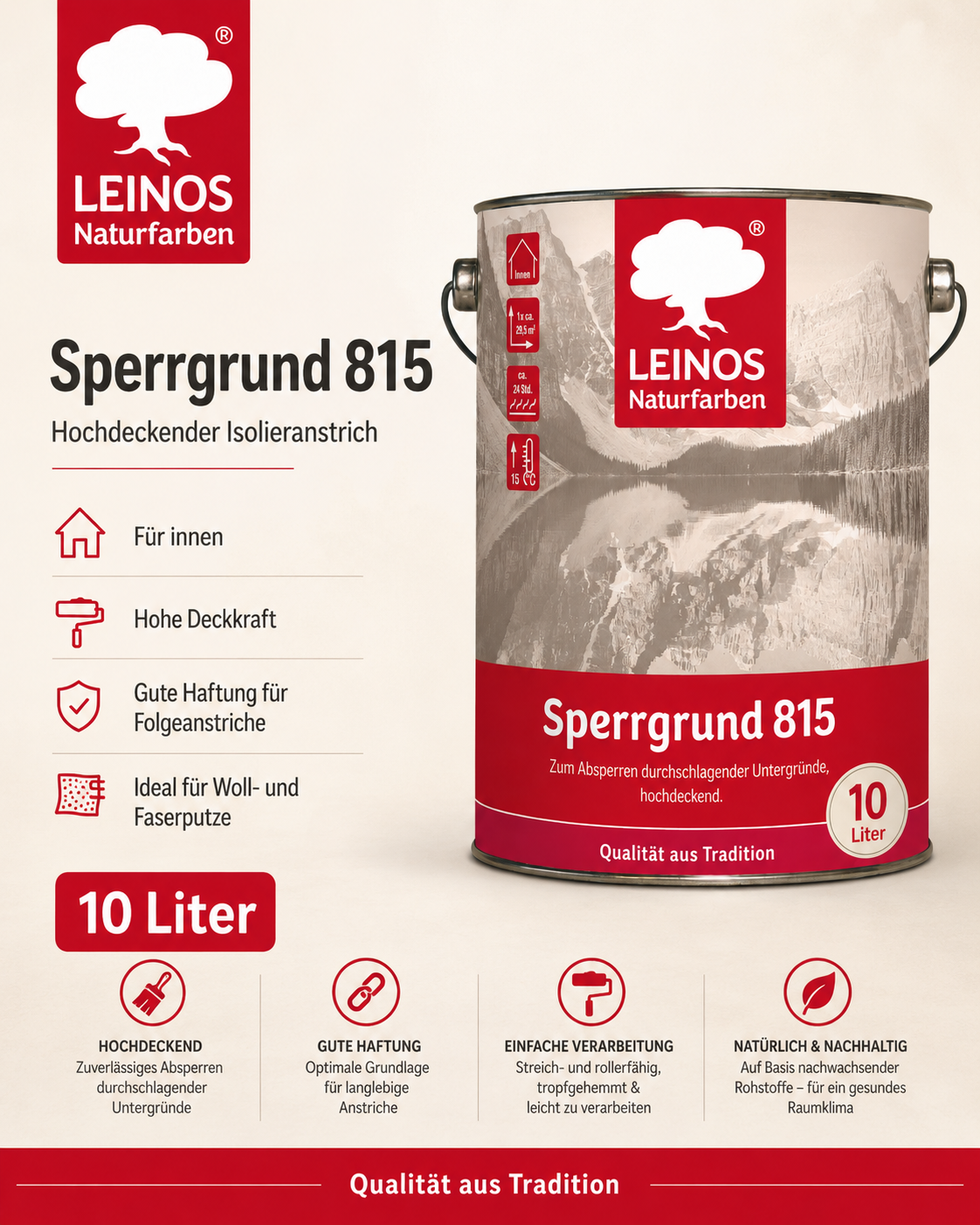LEINOS 815 Sperrgrund 10 Liter | Hochdeckend: Erzeugt einen weißen, leicht rauen Untergrund, der für nachfolgende Anstriche gute Haftung bietet
