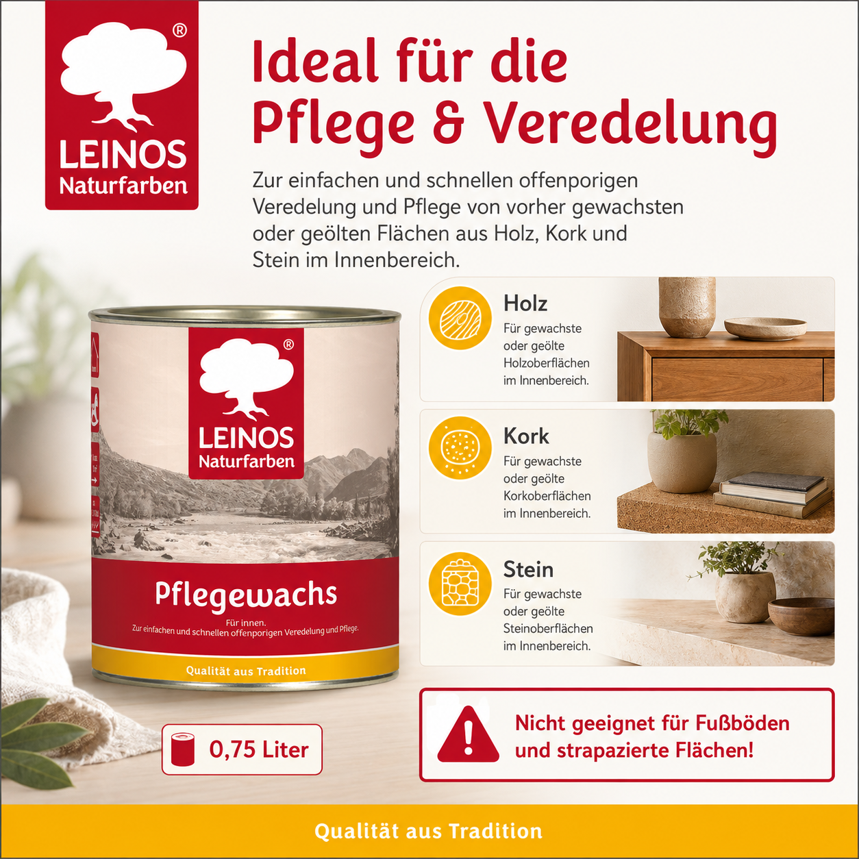 Leinos-Pflegewachs 340 | 0,75 Liter | Leicht verarbeitbares Wachsfinish | Für gewachste Flächen & wenig beanspruchte geölte Oberflächen | Auffrischung & Veredelung für Möbel, Holz & Naturmaterialien