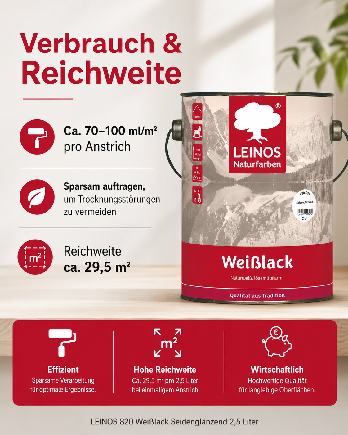 LEINOS 820 Weißlack Seidenglänzend | 2,5 L Innen & Außen | Wohngesunder Naturharz-Öl Lack, wetterfest & langlebig | ca. 20 m² Reichweite | Für Türen, Fenster, Möbel & Holzflächen | Profiqualität