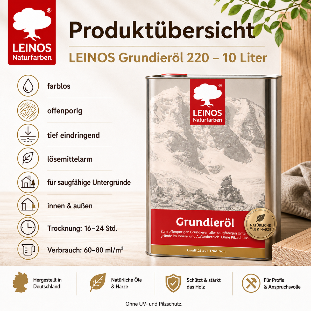 LEINOS Grundieröl 10 l – farblos, offenporig, lösemittelarm; tiefenwirksame Grundierung für saugfähiges Holz innen & außen, ohne UV-/Pilzschutz, hohe Ergiebigkeit für größere, wenig beanspruchte Flächen