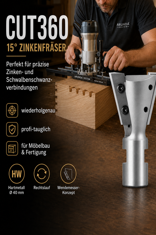 Zinkenfräser/Schwalbenschwanzfräser 15° für Arunda® System | Ø 40 HM, rechts | AL 31,5 mm, GL 65,5 mm | Schaft M12x1 | inkl. Wendemesser | Wendeplatte 901.315.09.00
