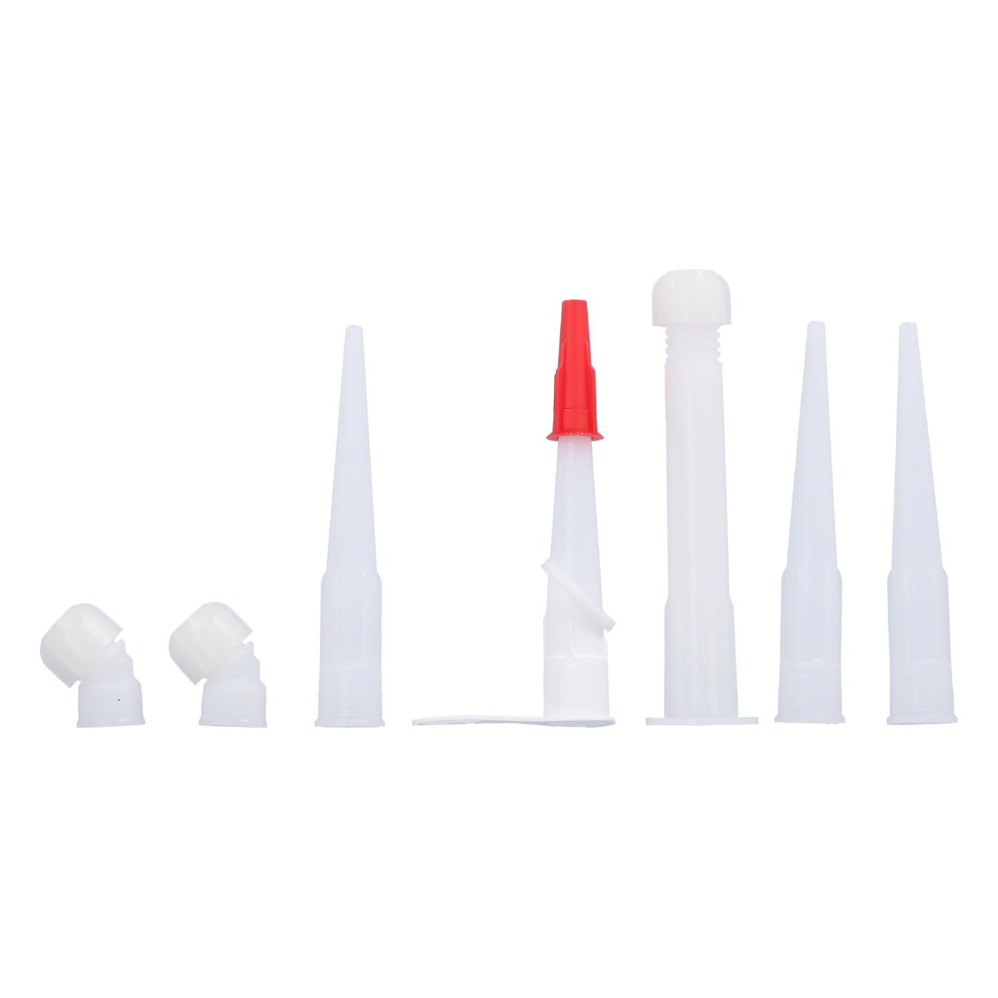Düsenset bestehend aus 10 Teilen | 3 Abdeckkappen | 1x Düsenverlängerung | 3x kleine Standarddüsen | 2x Winkelstücke | 1x Düse mitt Drehmechanismus