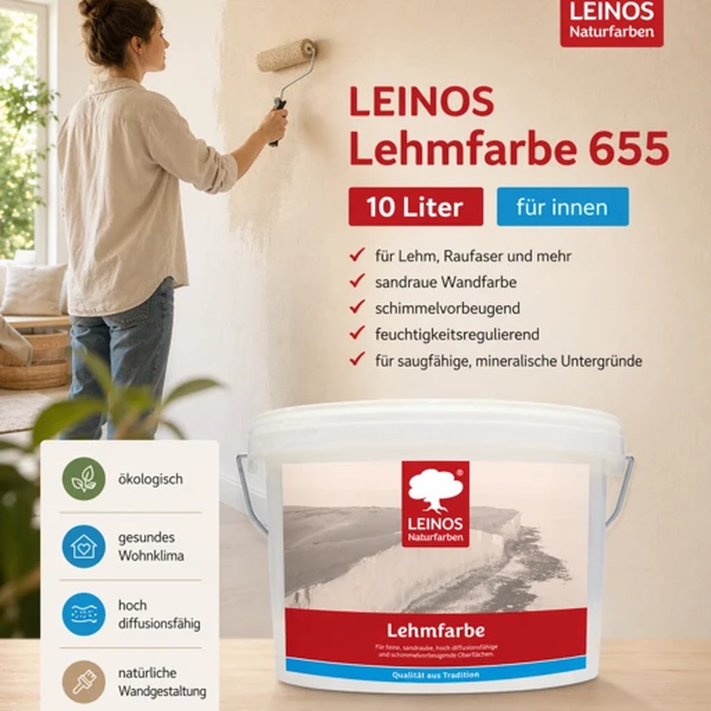 LEINOS Lehmfarbe 655 – 10L | Lösemittelfreie Naturfarbe für Lehm, Putz, OSB & Raufaser | Matt, atmungsaktiv & feuchtigkeitsregulierend | Schimmelvorbeugend | Innenbereich