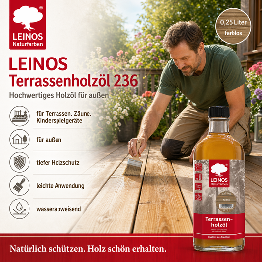 LEINOS Terrassenholzöl 236 | 0,25 Liter | Hochwertiges Holzöl für außen | Für Terrassen, Zäune, Kinderspielgeräte | Farbton: farblos | Tiefer Holzschutz & leichte Anwendung