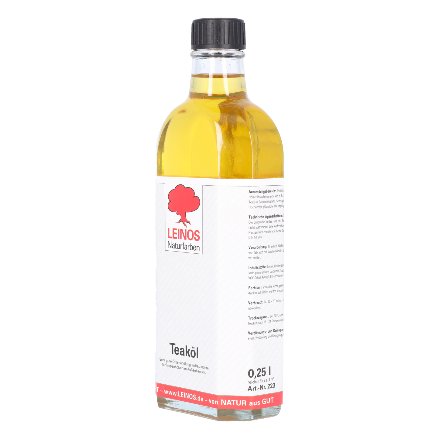 LEINOS Teaköl 223 – 0,25 Liter Holzschutzöl für außen, farblos, für Teak, Bangkirai & Tropenhölzer, imprägniert & frischt auf, pflanzliche Öle, offenporig, wasserabweisend, einfache Anwendung