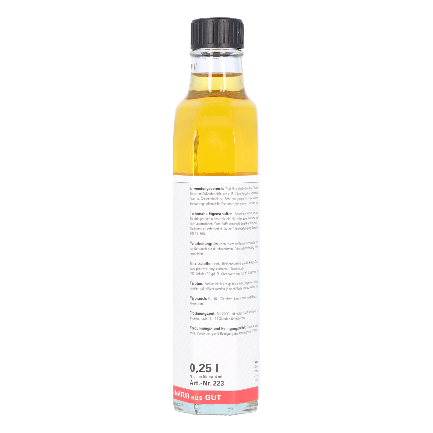 LEINOS Teaköl 223 – 0,25 Liter Holzschutzöl für außen, farblos, für Teak, Bangkirai & Tropenhölzer, imprägniert & frischt auf, pflanzliche Öle, offenporig, wasserabweisend, einfache Anwendung