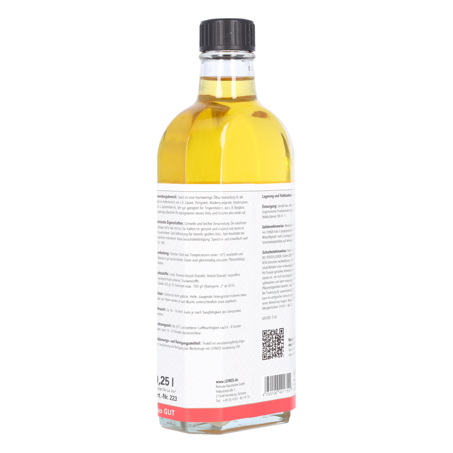 LEINOS Teaköl 223 – 0,25 Liter Holzschutzöl für außen, farblos, für Teak, Bangkirai & Tropenhölzer, imprägniert & frischt auf, pflanzliche Öle, offenporig, wasserabweisend, einfache Anwendung