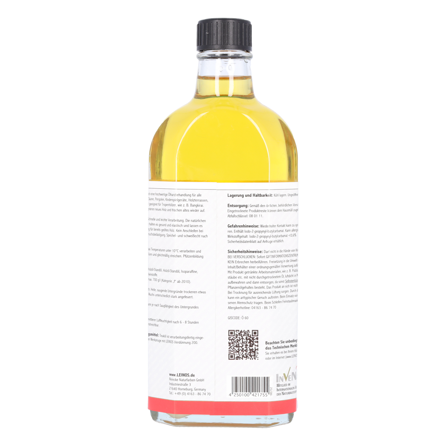 LEINOS Teaköl 223 – 0,25 Liter Holzschutzöl für außen, farblos, für Teak, Bangkirai & Tropenhölzer, imprägniert & frischt auf, pflanzliche Öle, offenporig, wasserabweisend, einfache Anwendung