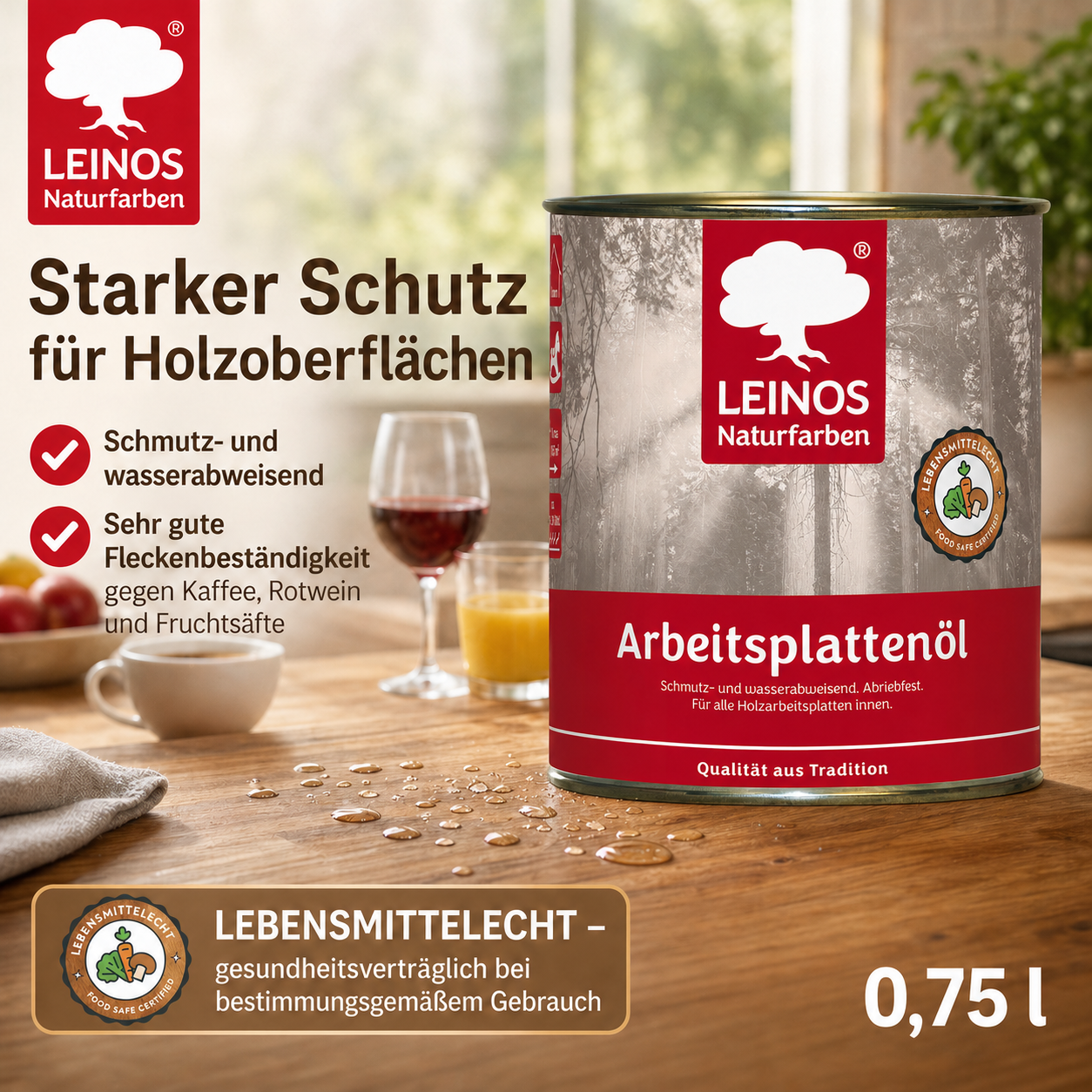 LEINOS 280 Arbeitsplattenöl für Innen 0,75 l | Imprägnierung von Küchenarbeitsplatten, Möbeloberflächen und Kinderspielzeug aus Holz. | speziell Küchenbereich