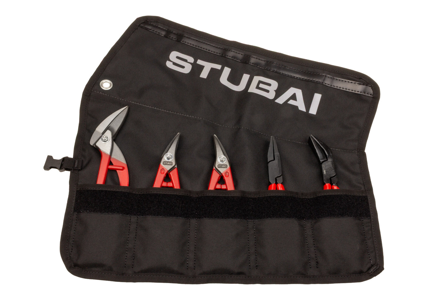 STUBAI-Mini-Spengler-Werkzeug-Set 5-tlg. in Rolltasche | nicht isoliert | Mini-Durchlaufschere, Kombi-Blechschere rechts & links, Falzzange 180 mm gerade & 45° gebogen | kompakt & leicht