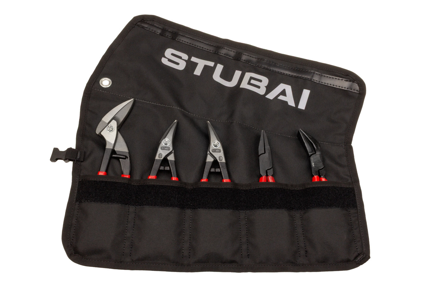 STUBAI Mini-Zangen-Set | Rolltasche, 5-teilig | PVC - isoliert | mit Mini Durchlaufschere | rechte & linke Blechschere | Falzzange gerade & 45° gebogen | Profi-Spenglerwerkzeug kompakt & griffbereit
