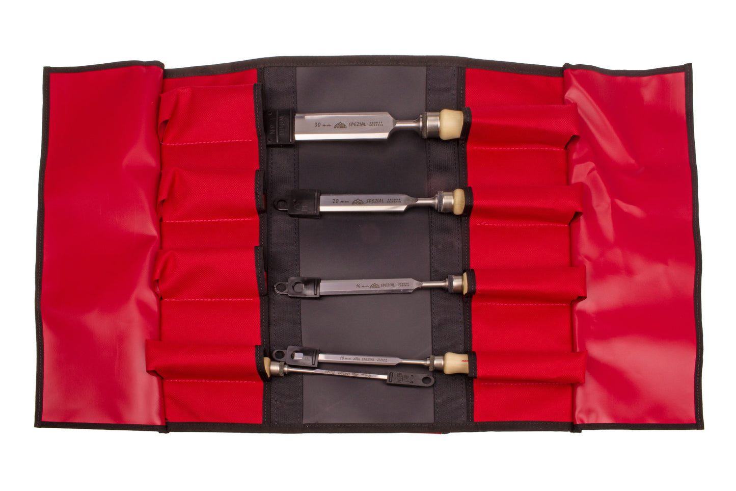 STUBAI Spezial Stemmeisensatz S353105 | 5-teiliges Stechbeitel-Set in Rolltasche | Schwedische Form mit Weißbuchenholz-Griff | Hochglanzpolierte Spiegelfläche für präzise Holzbearbeitung, Schreiner & Tischler