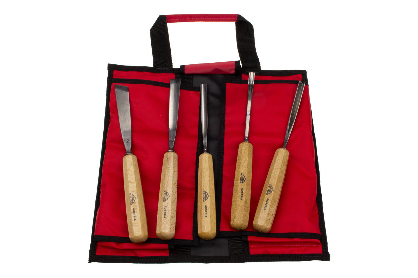 STUBAI Schnitzersatz | 5-teiliges Schnitzwerkzeug-Set in Rolltasche | Enthält Balleisen 20 mm, Flacheisen 16 mm, Hohleisen 10 mm & 6 mm, Gaißfuß 6 mm | Für Anfänger & Fortgeschrittene