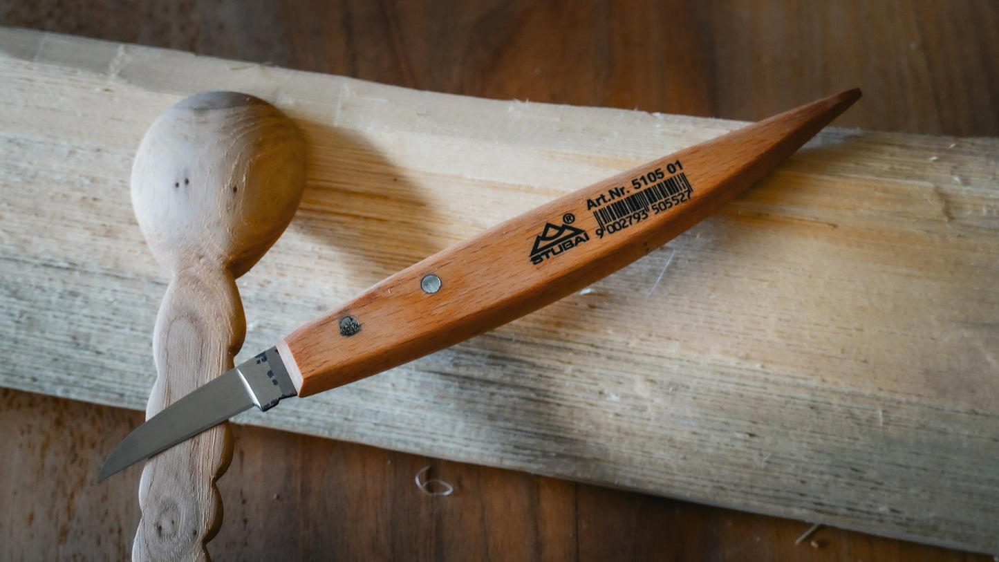 STUBAI Kerbschnitzmesser Satz 8-tlg. | mit vorgeschliffenen Messern (gerade, schräg, gebogen, zweischneidig) | Holzgriffe, Rolltasche | Profi Schnitzwerkzeug für Figuren, Reliefs & feine Holzarbeiten