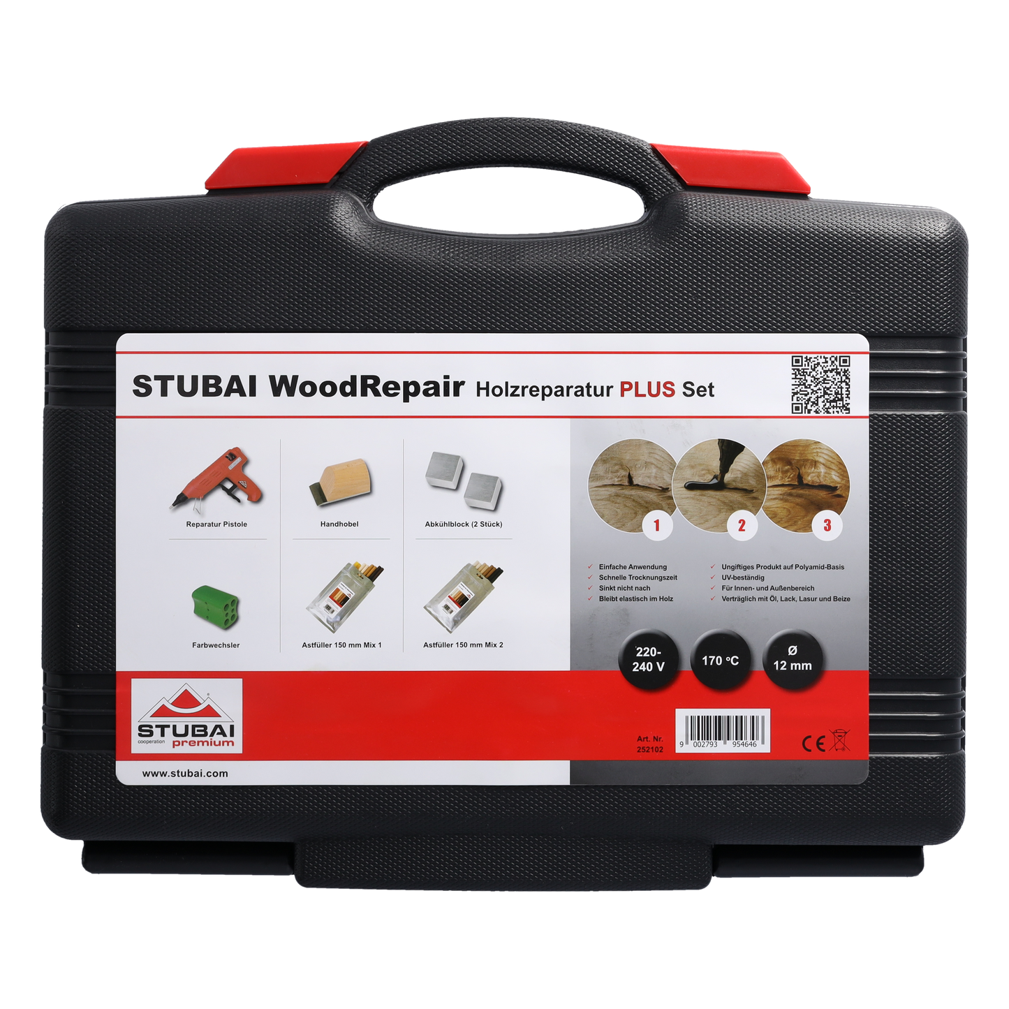 STUBAI WoodRepair Holzreparatur Satz PLUS+ mit Astfüller-Pistole 80W, Kompaktbeutel Mix 1+2, Kühleisen, Handhobel & Farbwechsler