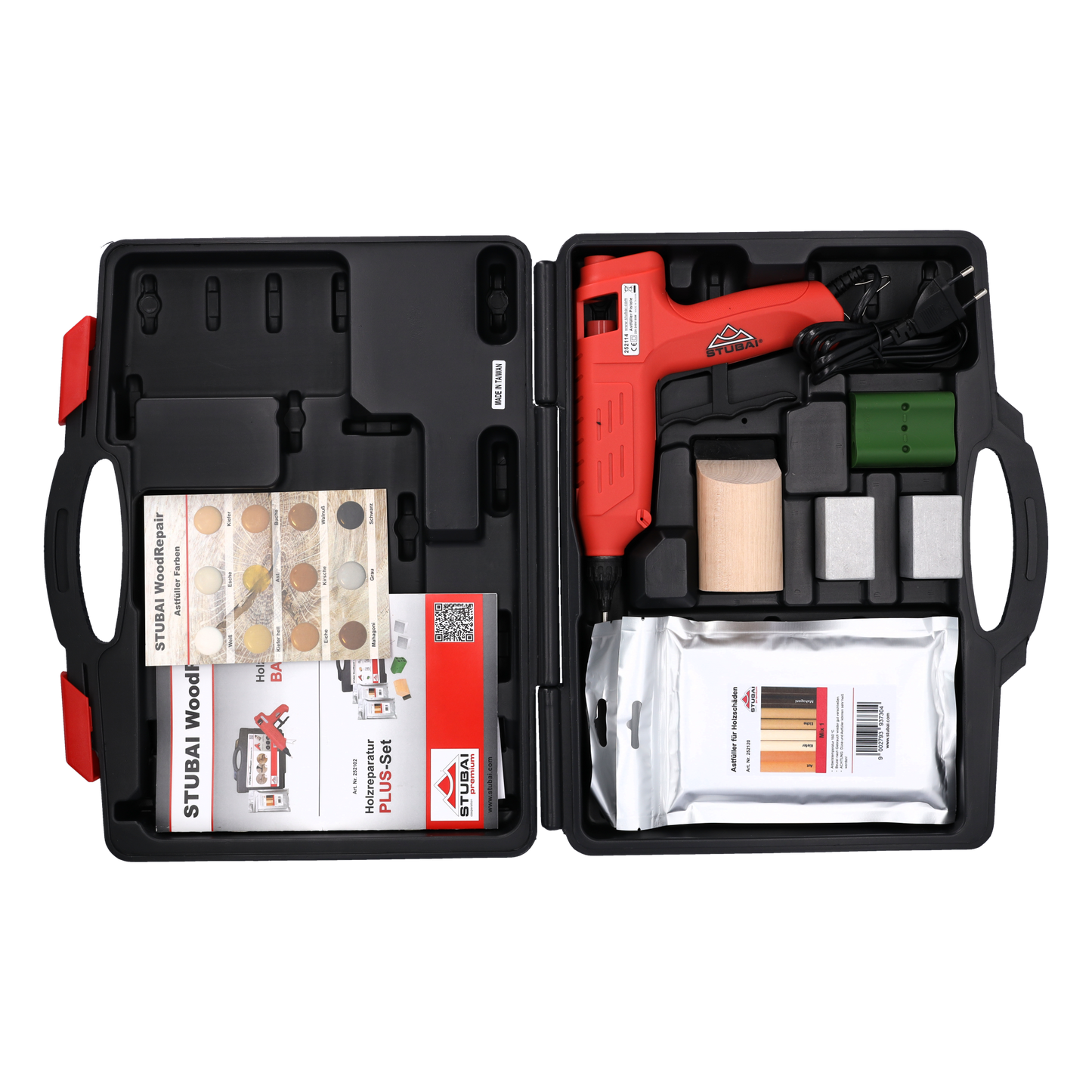 STUBAI WoodRepair Holzreparatur Satz PLUS+ mit Astfüller-Pistole 80W, Kompaktbeutel Mix 1+2, Kühleisen, Handhobel & Farbwechsler