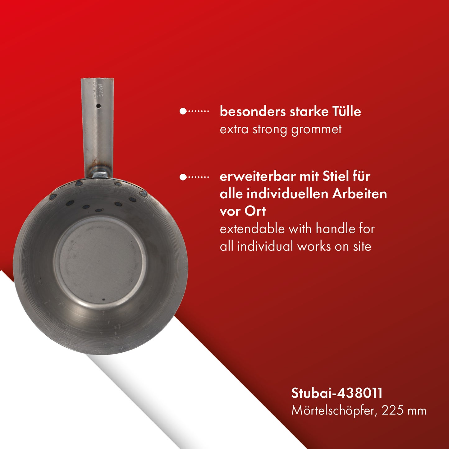 STUBAI Mörtelschöpfer Aktion 225 mm | mit Stiel | Profi Gipserpfanne für Putz- und Spachtelarbeiten, Betonarbeiten und zum Fliesenlegen im Innen- als auch im Außenbereich