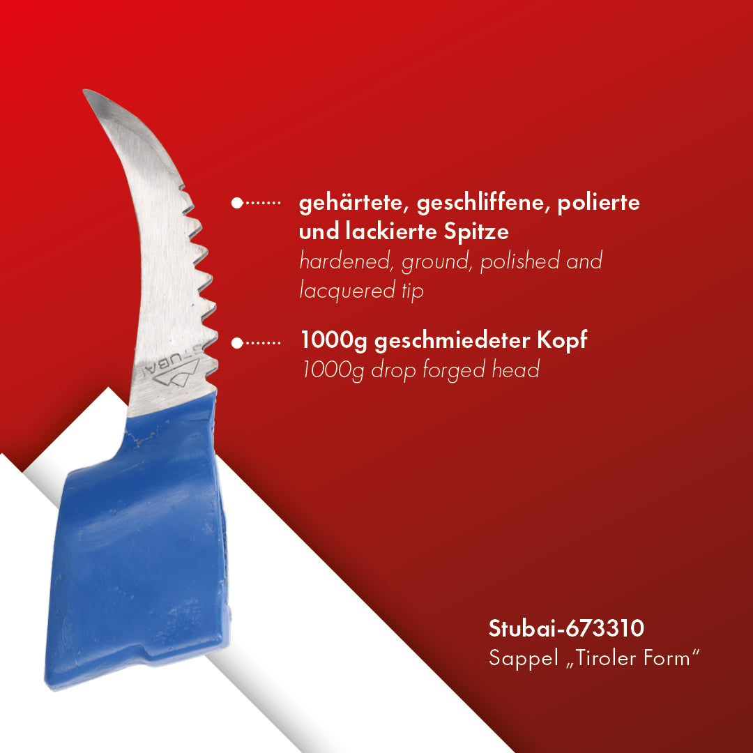 STUBAI Sappie-Kopf Tiroler Form mit Zahnung | 1000 g Kopfgewicht | Sappel ohne Stiel | gesenkgeschmiedet, Spitze gehärtet, geschliffen, poliert | zum Ziehen und Bewegen von Holzstücken