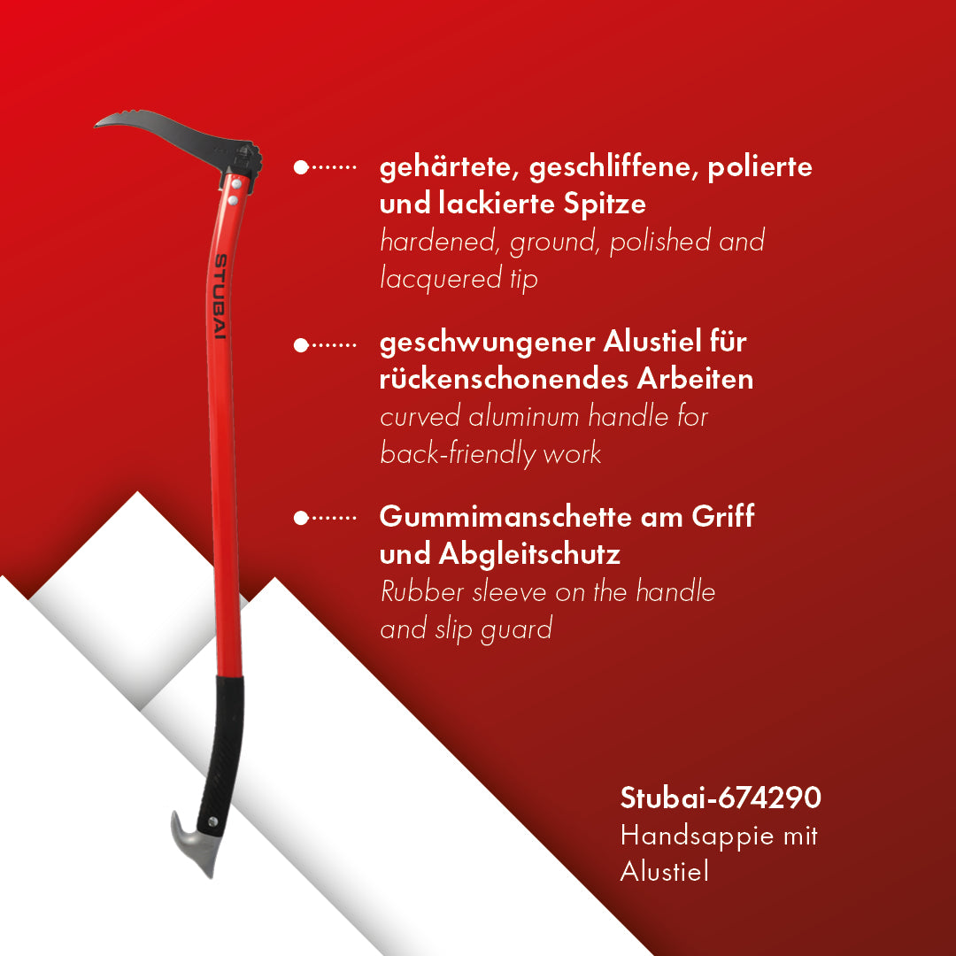 STUBAI Handsappie | ergonomisch geschweifter Alustiel | 900 mm | Astschlepper | Handsappel zum Aufnehmen, Bewegen und Transportieren von Holzstücken und Baumstämmen