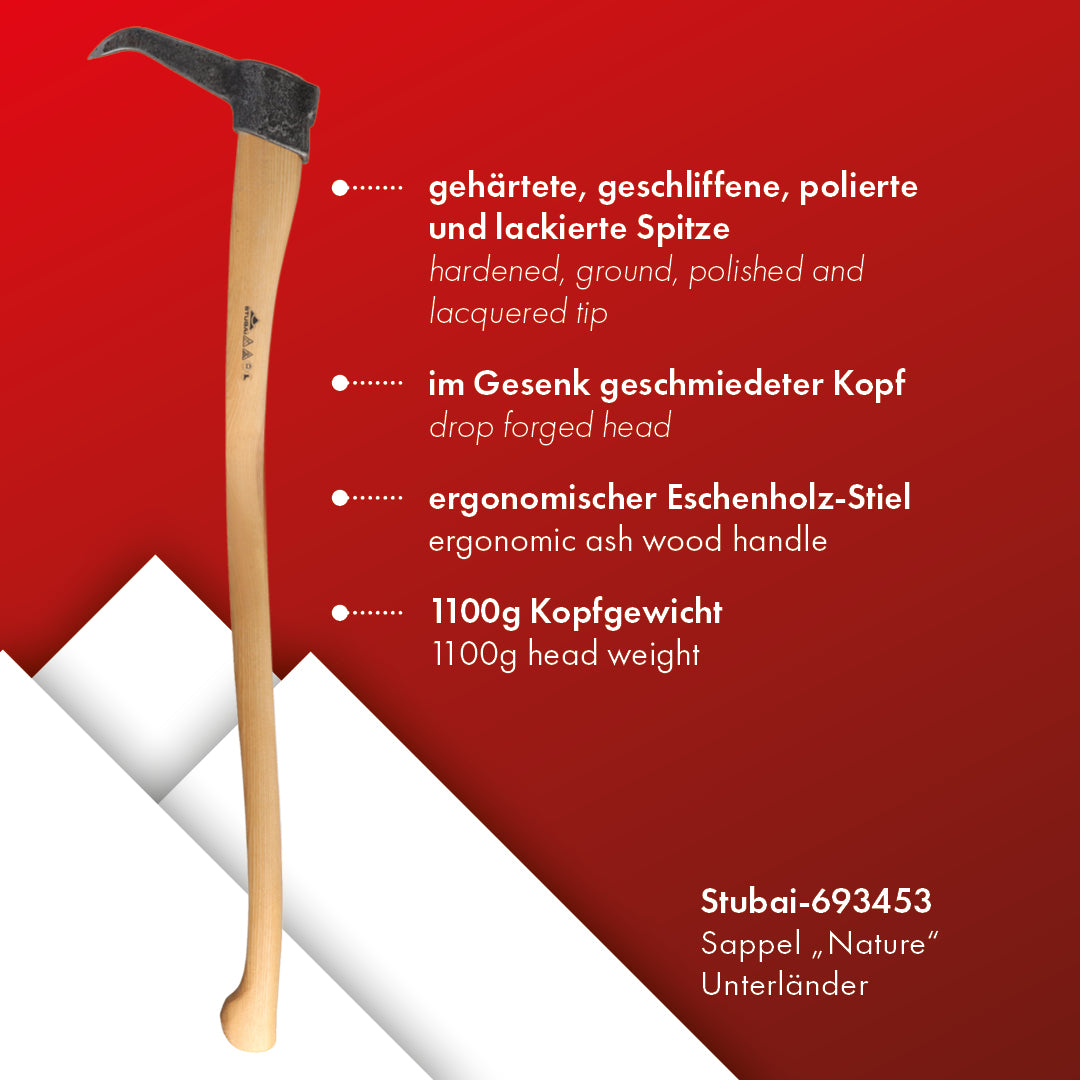 STUBAI Sappie Nature | Sappel Unterländer Form mit Eschenholz-Stiel | 1100 g Kopfgewicht | zum Ziehen, Aufheben und Bewegen von Holz