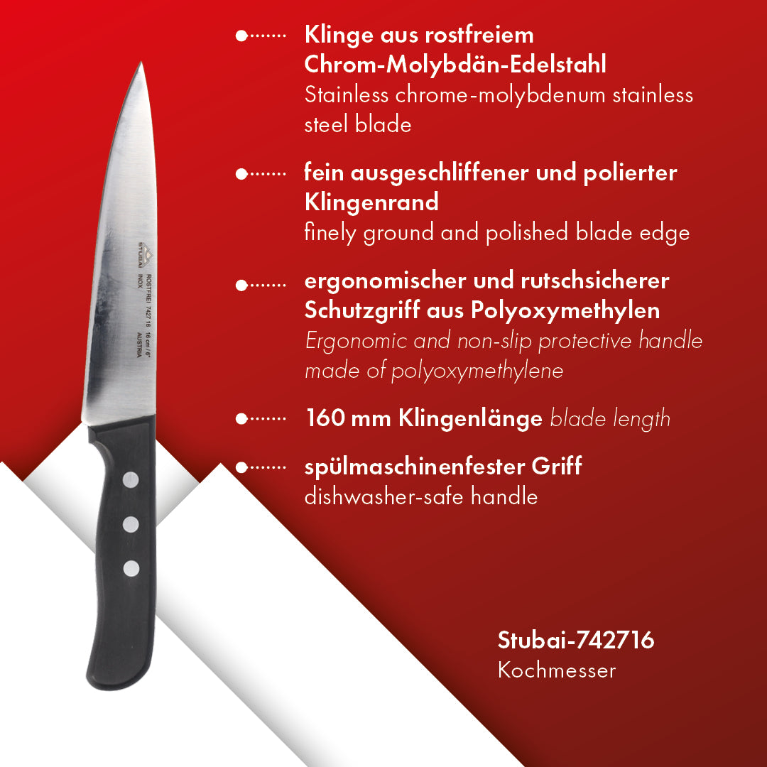 STUBAI hochwertiges Kochmesser | 160 mm | Küchenmesser Tirol aus Edelstahl für Schneiden von Fleisch, Gemüse, Obst & anderen Lebensmitteln, rostfrei, spülmaschinenfest