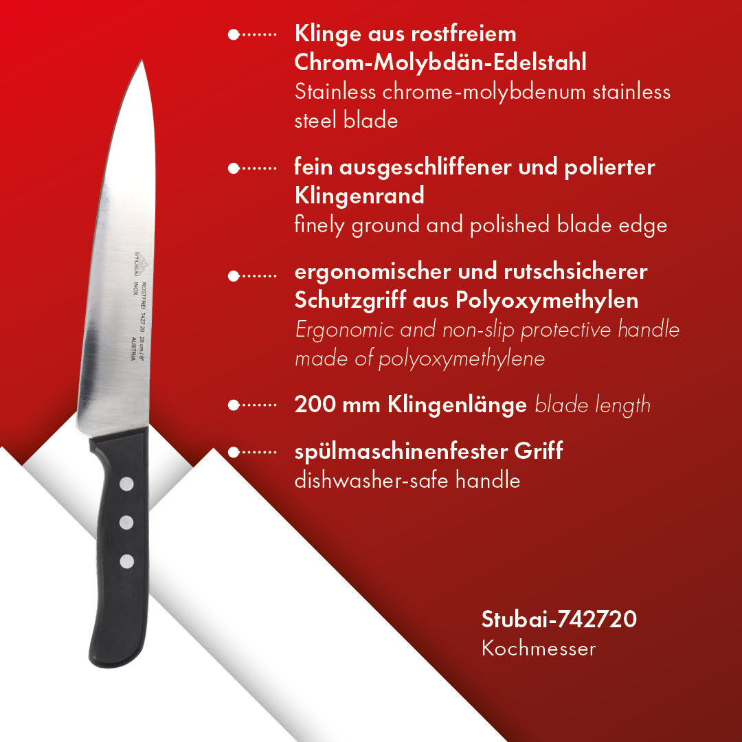 STUBAI hochwertiges Kochmesser | 200 mm | Küchenmesser Tirol aus Edelstahl für Schneiden von Fleisch, Gemüse, Obst & anderen Lebensmitteln, rostfrei, spülmaschinenfest
