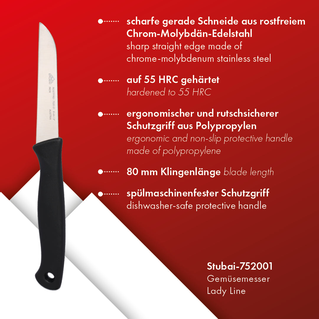 STUBAI hochwertiges Gemüsemesser | 80 mm | Küchenmesser Lady Line aus Edelstahl für müheloses Schneiden von Gemüse, Obst & Lebensmitteln, rostfrei, spülmaschinenfest, für Küche, Gastronomie
