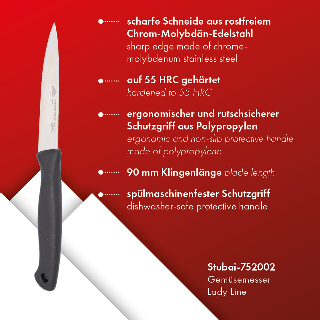 STUBAI hochwertiges Gemüsemesser | 90 mm | Küchenmesser Lady Line aus Edelstahl für müheloses Schneiden von Gemüse, Obst & Lebensmitteln, rostfrei, spülmaschinenfest, für Küche, Gastronomie