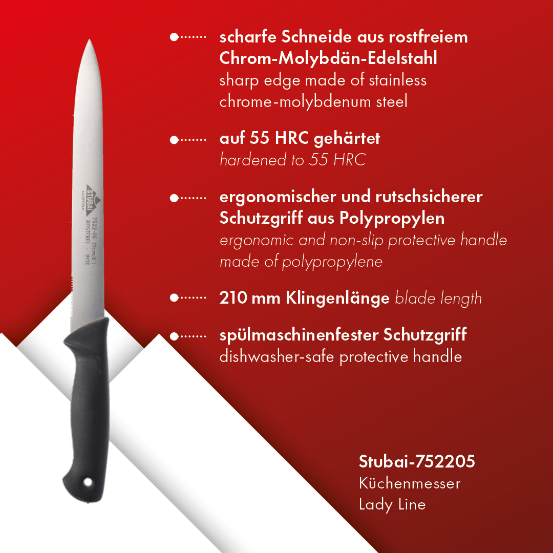 STUBAI hochwertiges Küchenmesser gerader Rücken | 210 mm | Haushaltsmesser Lady Line aus Edelstahl für müheloses Schneiden von Fleisch, Gemüse, Obst & Lebensmitteln, rostfrei, spülmaschinenfest