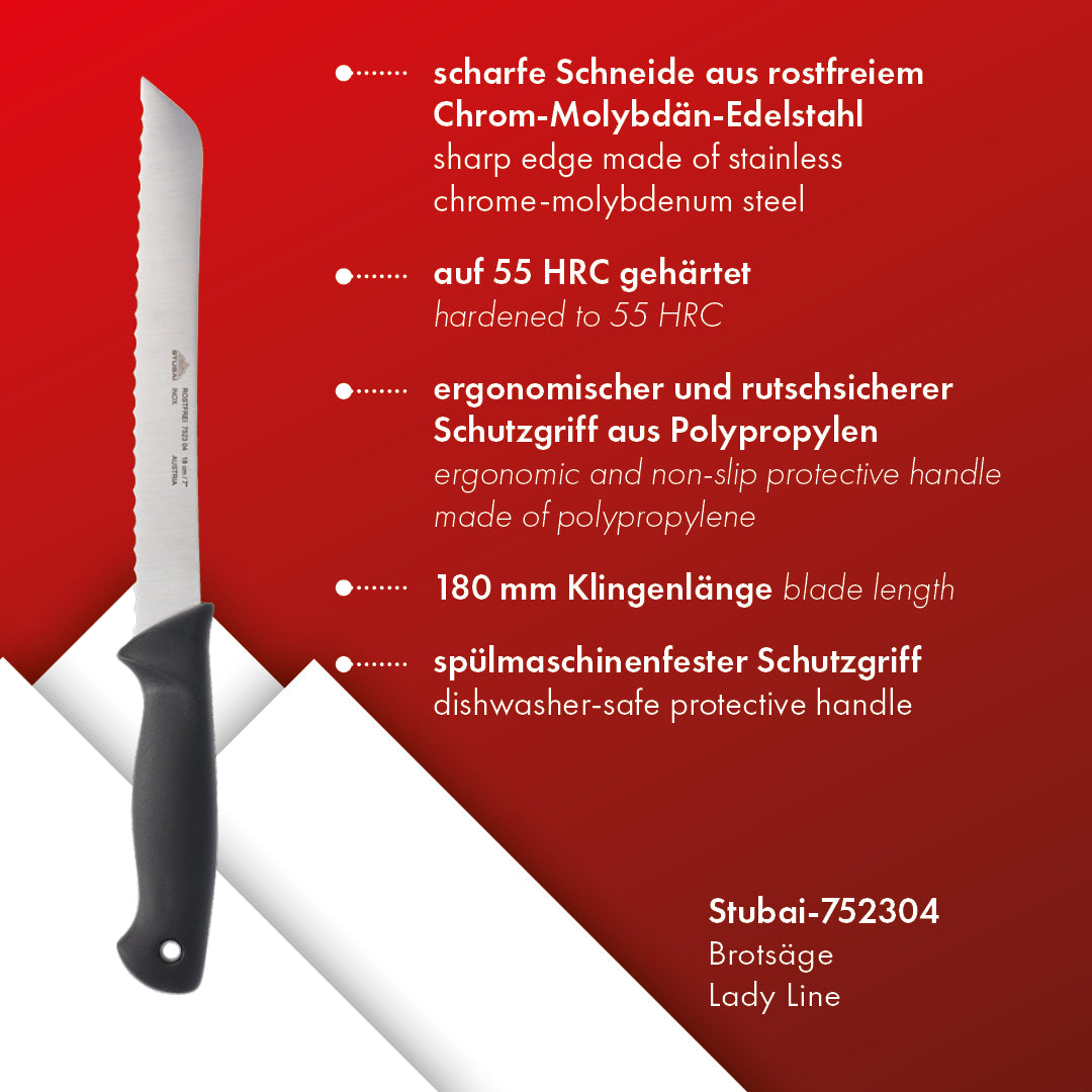 STUBAI hochwertiges Brotmesser | 180 mm | Brotsäge mit Wellenschliff Lady Line aus Edelstahl für müheloses Schneiden von Brot, Kuchen & Backwaren, rostfrei, spülmaschinenfest